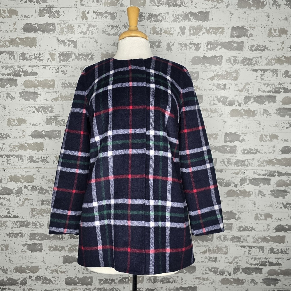 Talbots Jacket Womens Size SP Navy Tartan Plaid Wool Blend Full Zip Long Sleeve